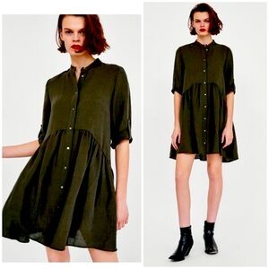 Zara Woman Tiered Linen Button Down Baby Doll Smock Dress | Brown | Sz S